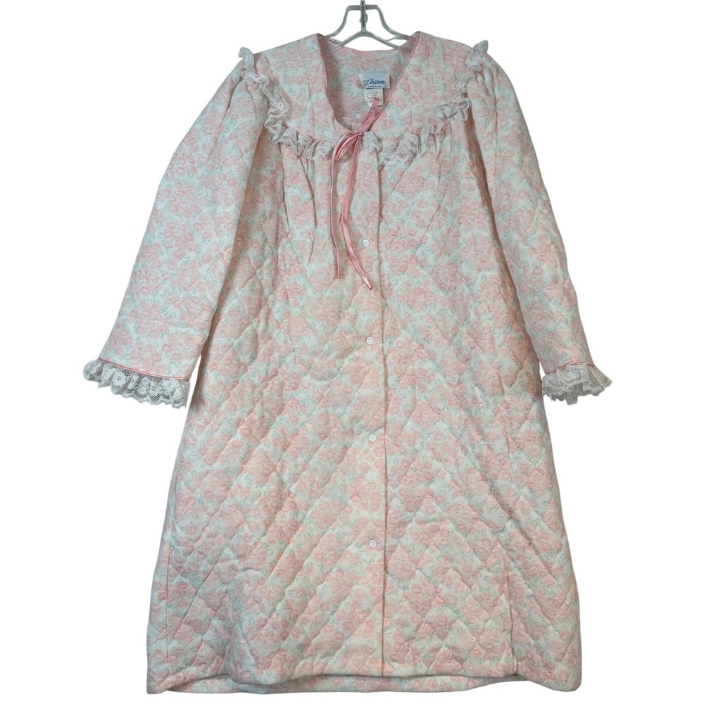 NWOT Its a Charm Vintage Quilted Robe Pink Floral Button Front Housecoat •M•